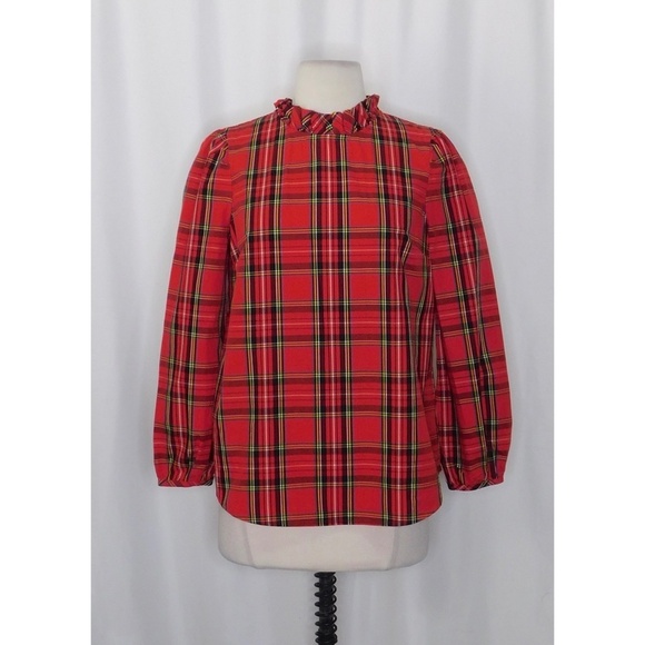 J. CREW Red Tartan Plaid Ruffle Top Blouse Holidays Festive Preppy X-Small - Picture 3 of 11